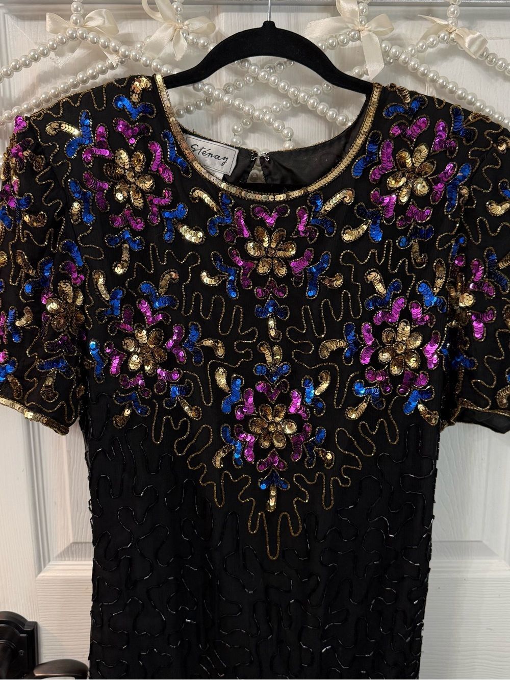 Vintage Embellished Black Cocktail Dress w/ Multicolor Floral Beading NYE Dress - Picture 2 of 15